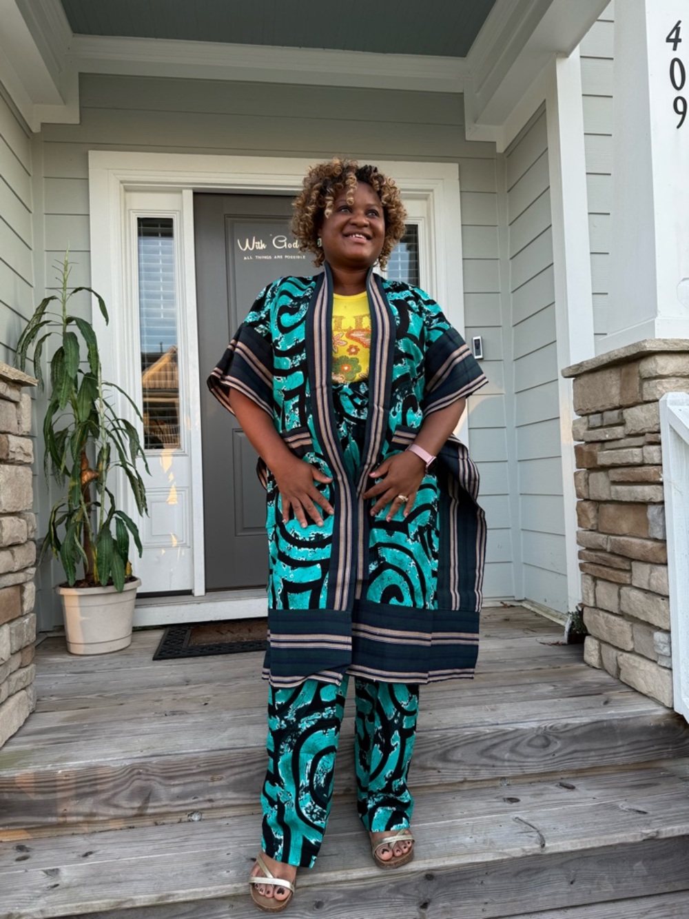 Modern Style African Print Ankara Aso-Oke/Kente Kimono 2p Pant Set